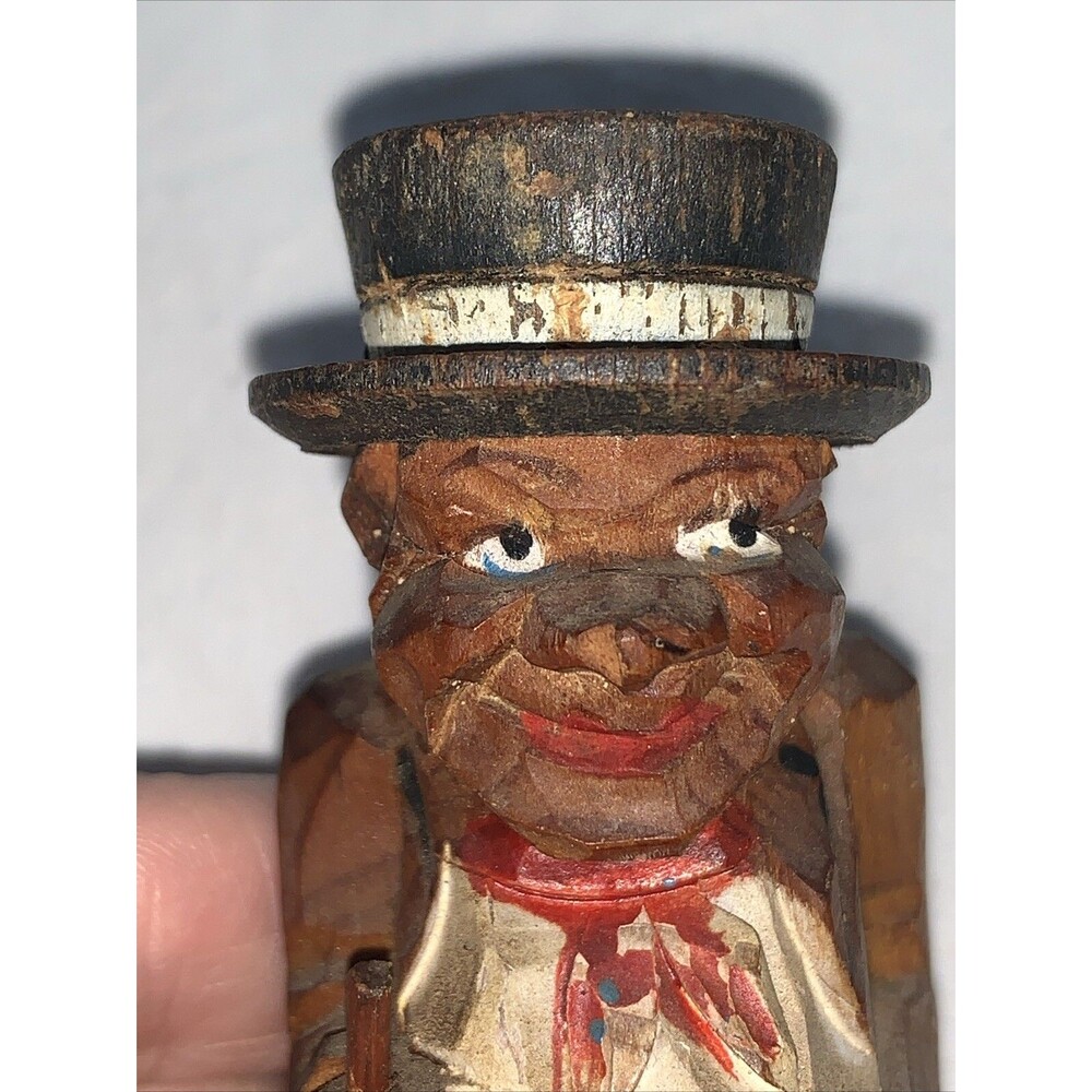 Vintage Hand Carved Wooden Man FolkArt Villager Figurine Top Hat Cane ANRI Style - Picture 2 of 16